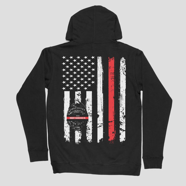 Thin Red Line Flag Tribute: In Honor of Robert Sharkevich Sr. Hoodie - Raise The Standard Apparel